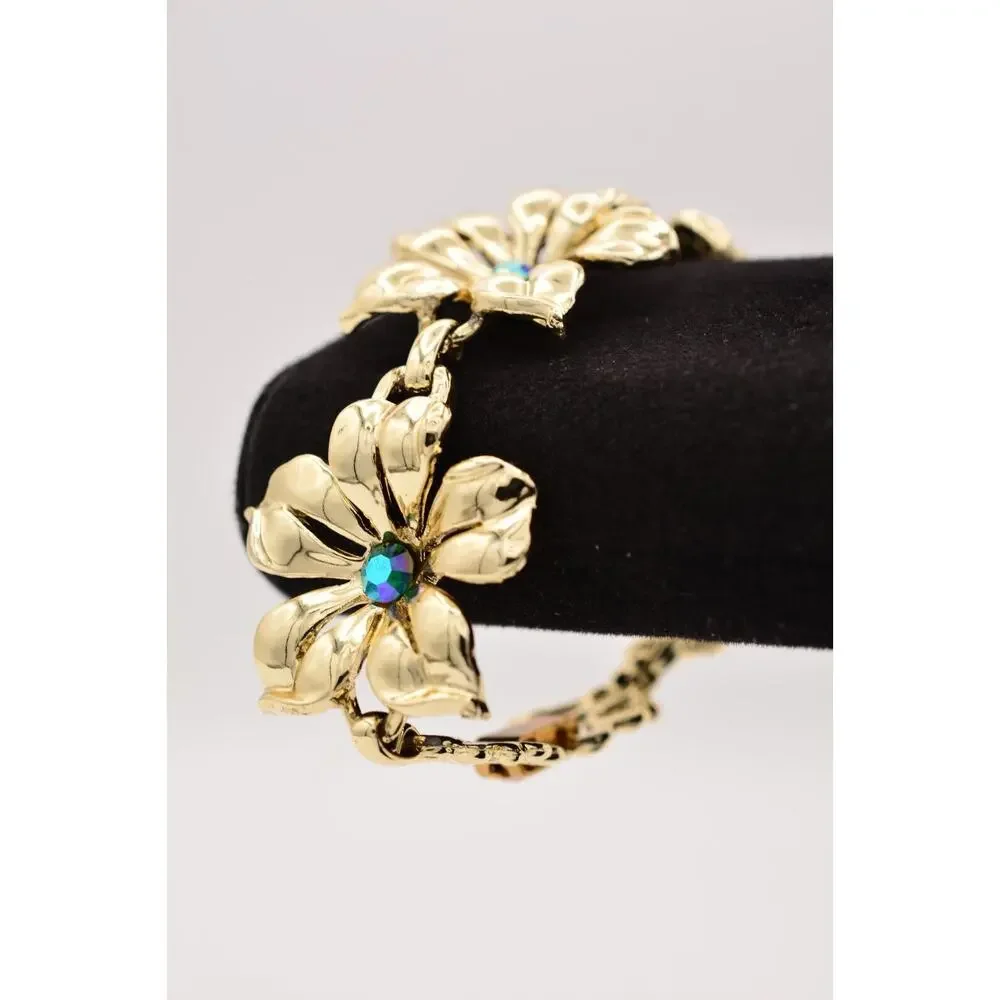 Vintage Crystal Flower Bracelet AB Blue Gold Tone Linked Chunky 1980s BinD
